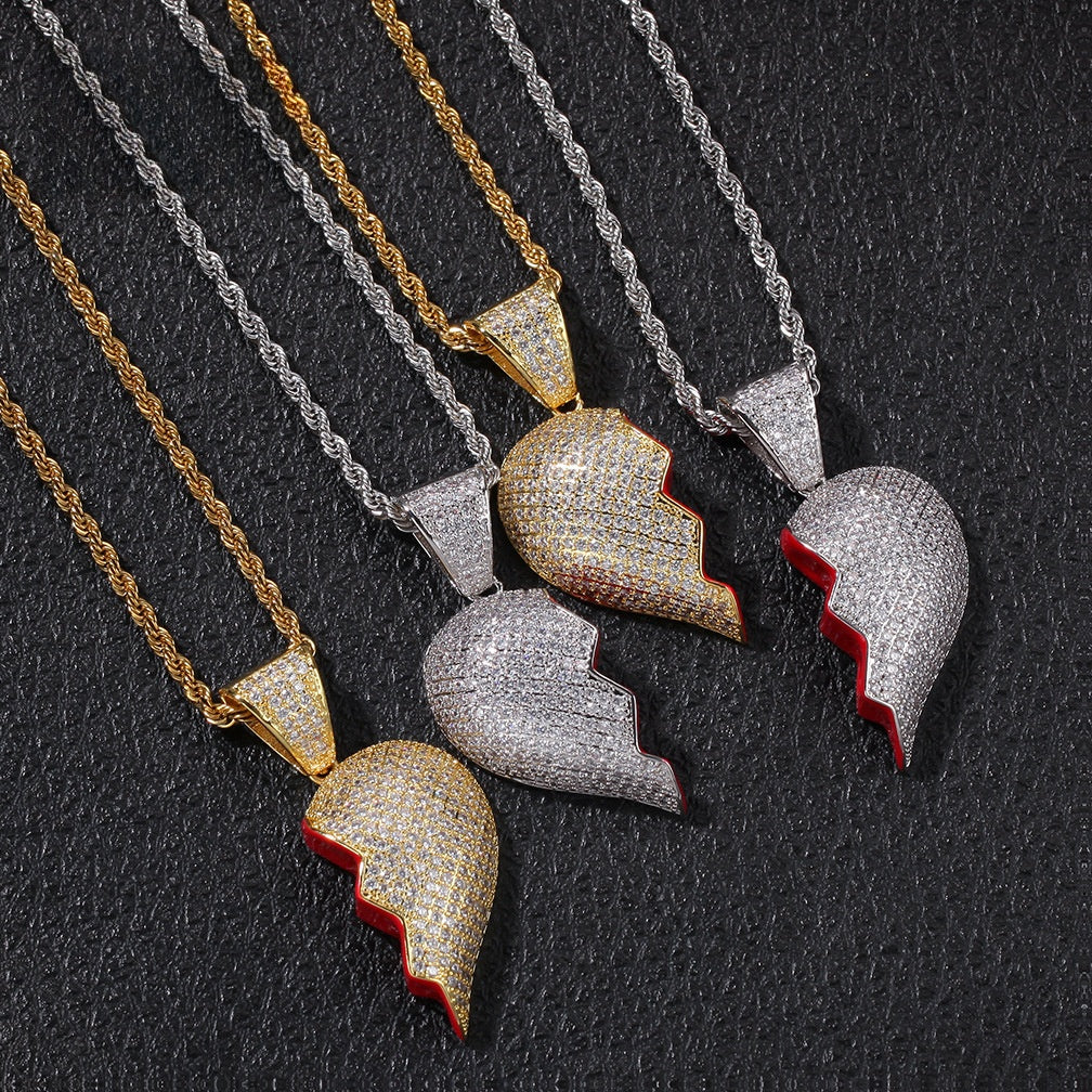 Iced Broken Heart Pendant Necklace Set for Couples – Cubic Zirconia Hip Hop Chain in Gold, Silver & Two-Tone product image