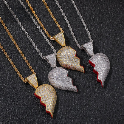 Iced Broken Heart Pendant Necklace Set for Couples – Cubic Zirconia Hip Hop Chain in Gold, Silver & Two-Tone
