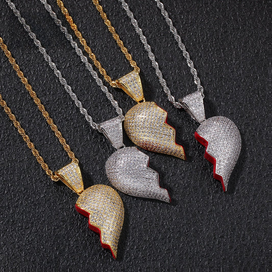 Iced Broken Heart Pendant Necklace Set for Couples – Cubic Zirconia Hip Hop Chain in Gold, Silver & Two-Tone