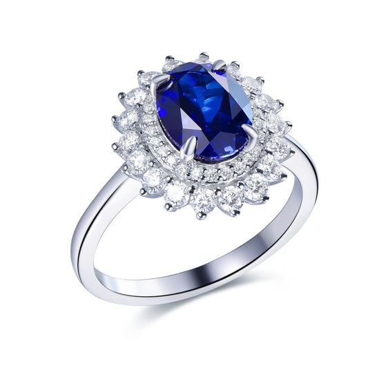 Blue Sapphire Halo Ring, Oval Center Stone Promise Ring, Double Halo Engagement Style Ring product image
