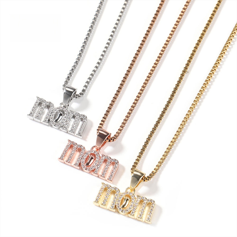 Personalized Mom Letter Pendant Necklace with Cubic Zirconia on 24 Inch Cuban Chain for Women