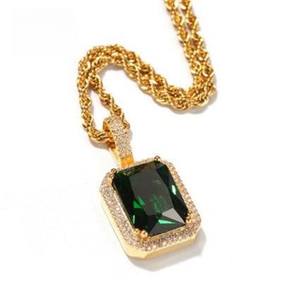 Iced Rectangular Gemstone Pendant Necklace for Women – Gold or Silver Plated Hip Hop Chain with Crystal Border