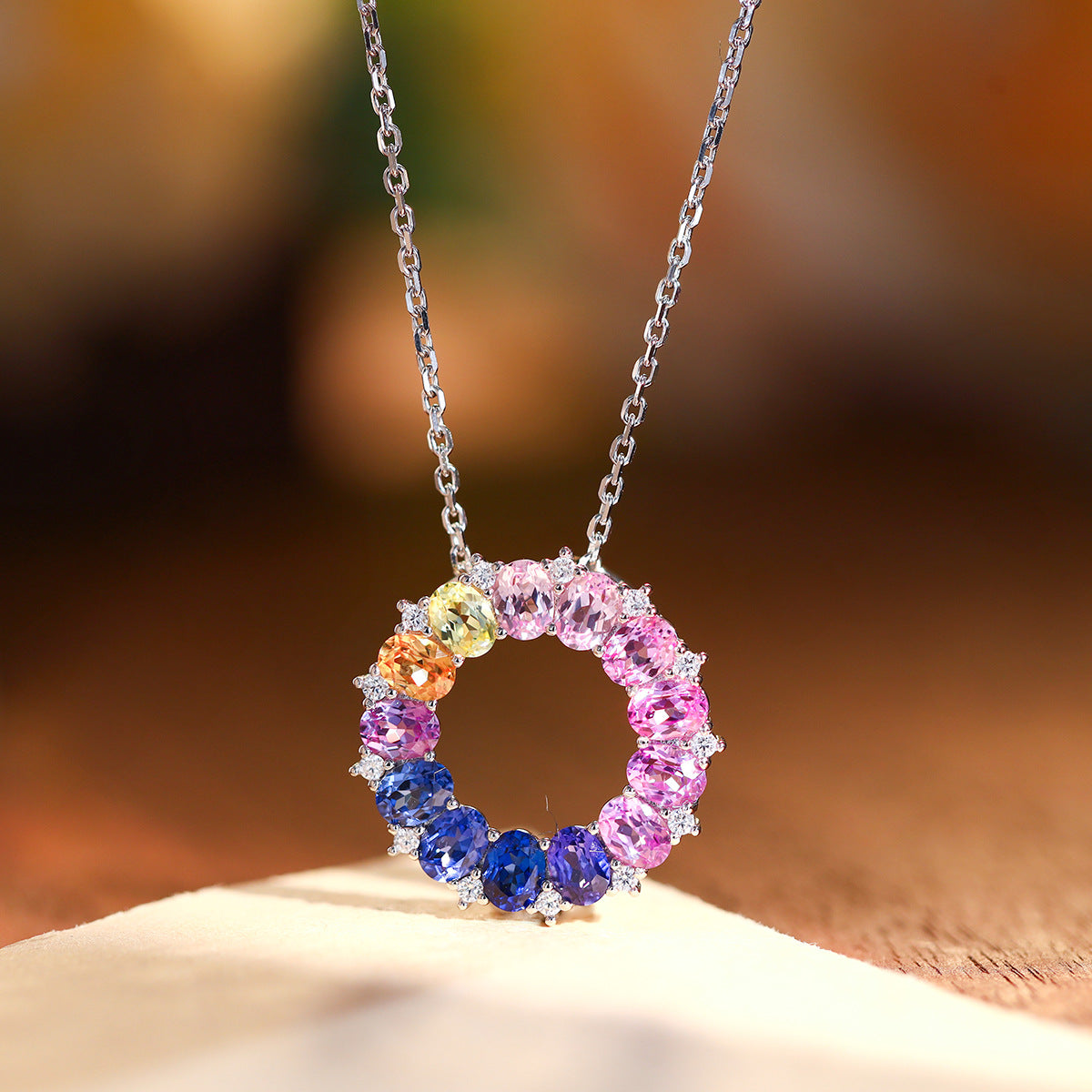 Rainbow Circle Pendant Necklace, S925 Silver Colored Stone Halo for Women product image