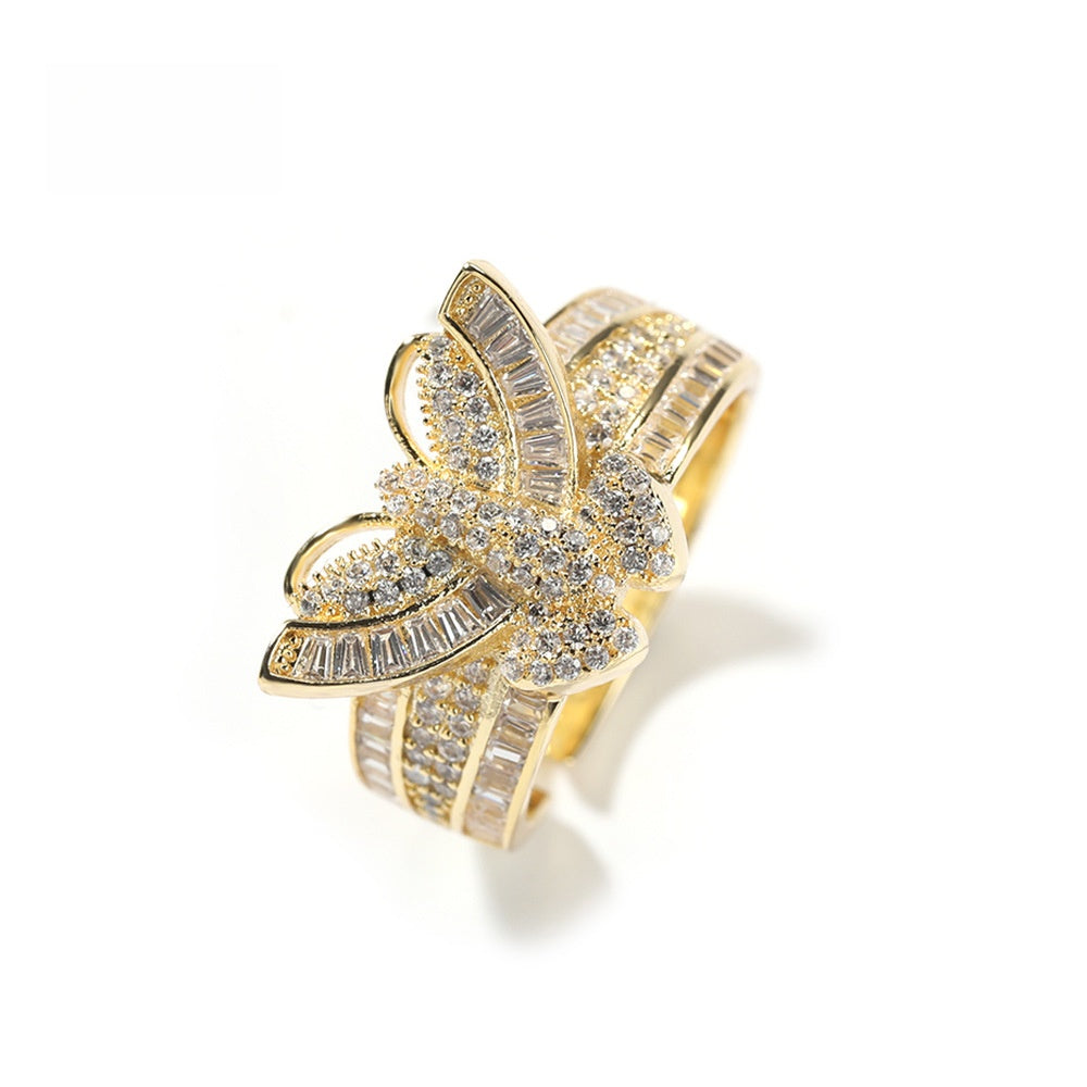 Adjustable Gold Plated Butterfly Ring for Women with Cubic Zirconia - Elegant Statement Open Ring