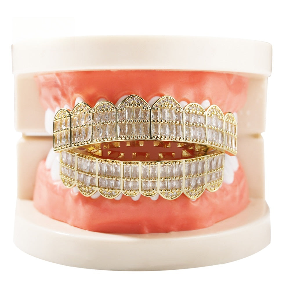 Hip Hop Cubic Zirconia Grillz Teeth Cap for Upper or Lower Teeth in Gold or Silver Tone