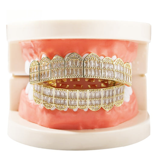 Hip Hop Cubic Zirconia Grillz Teeth Cap for Upper or Lower Teeth in Gold or Silver Tone