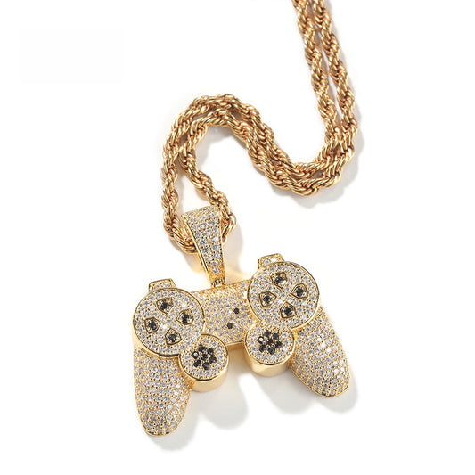 Iced Game Controller Pendant Necklace for Women – Gold or Silver Tone Hip Hop Statement Chain, Cartoon CZ Pendant