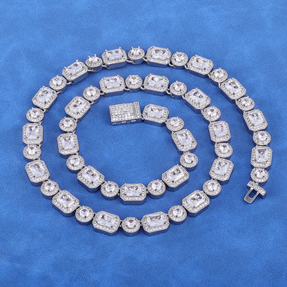 10 mm Round and Rectangular CZ Halo Link Hip Hop Necklace with Silver Base - CHA116