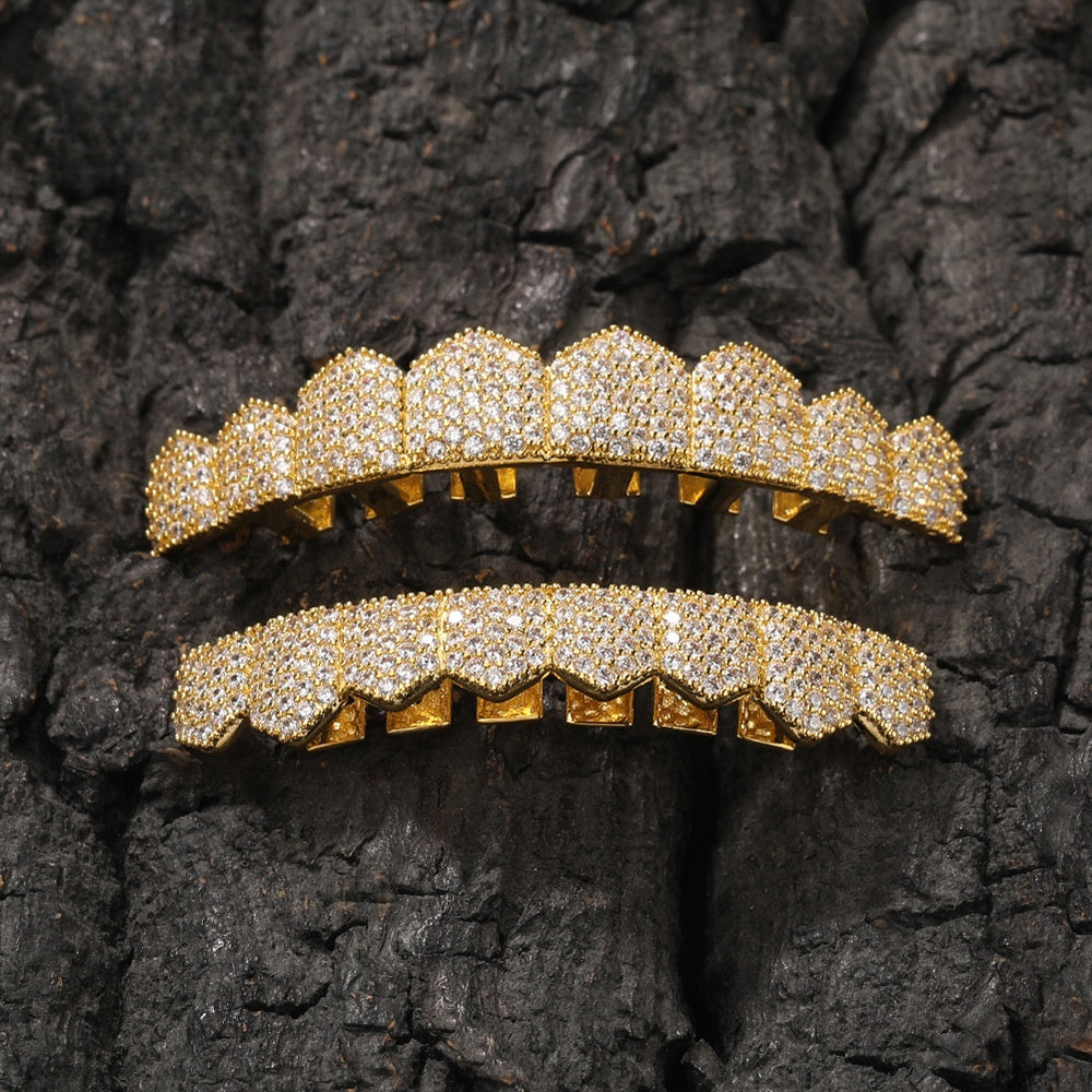 Iced Fang Grillz with Cubic Zirconia – Gold or Silver Upper/Lower Hip Hop Statement Teeth Jewelry