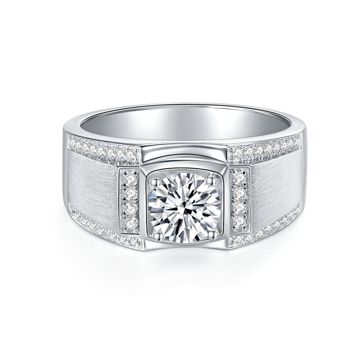 Moissanite Wedding Ring for Men, Wide Brushed Band with Round Center Stone product image