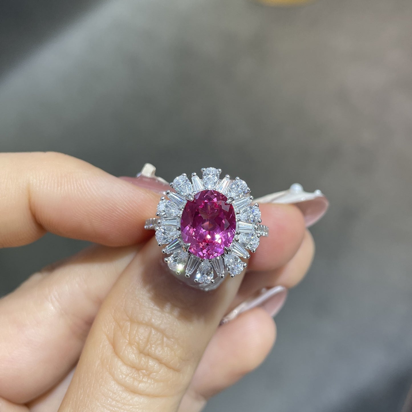 925 Silver Oval Pink Sapphire Halo Ring, 3 Carat Promise Ring for Women product image