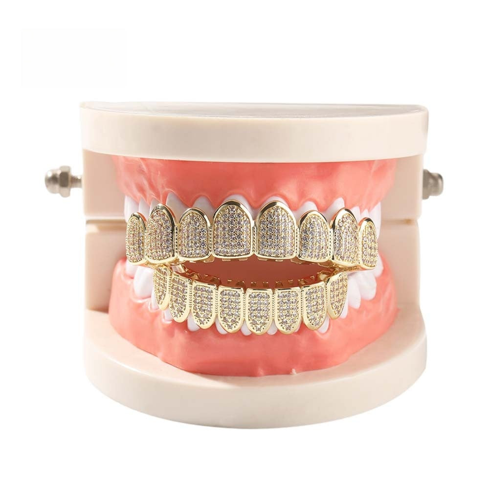 Gold & Silver Full Cubic Zirconia Hip Hop Grillz Set for Top and Bottom Teeth Statement Jewelry