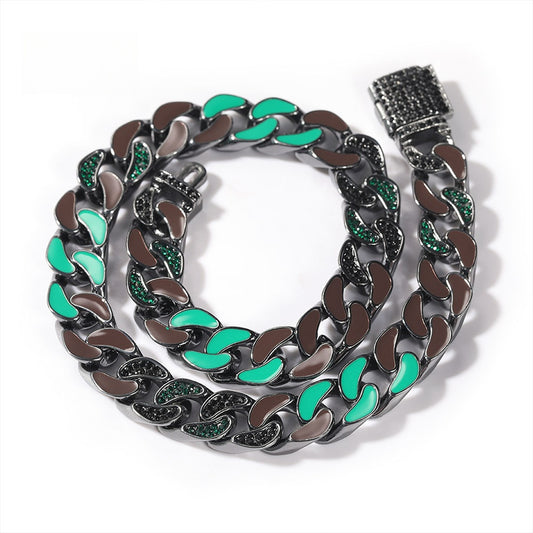 Unisex Hip Hop Enamel Cuban Link Chain Necklace Bracelet Set in Black or Silver