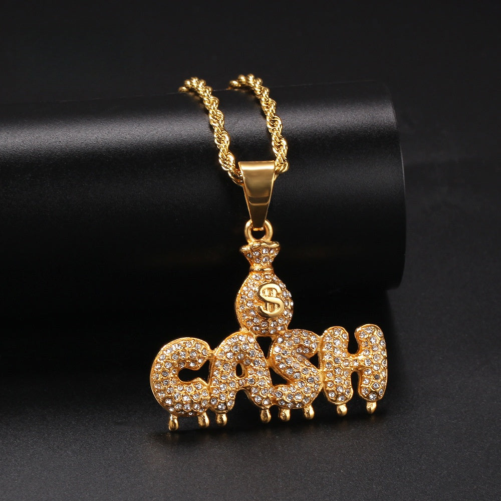 Gold-Tone Iced Cash Pendant Necklace for Women - Stainless Steel Diamond-Look Statement Chain