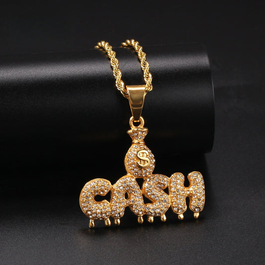 Gold-Tone Iced Cash Pendant Necklace for Women - Stainless Steel Diamond-Look Statement Chain