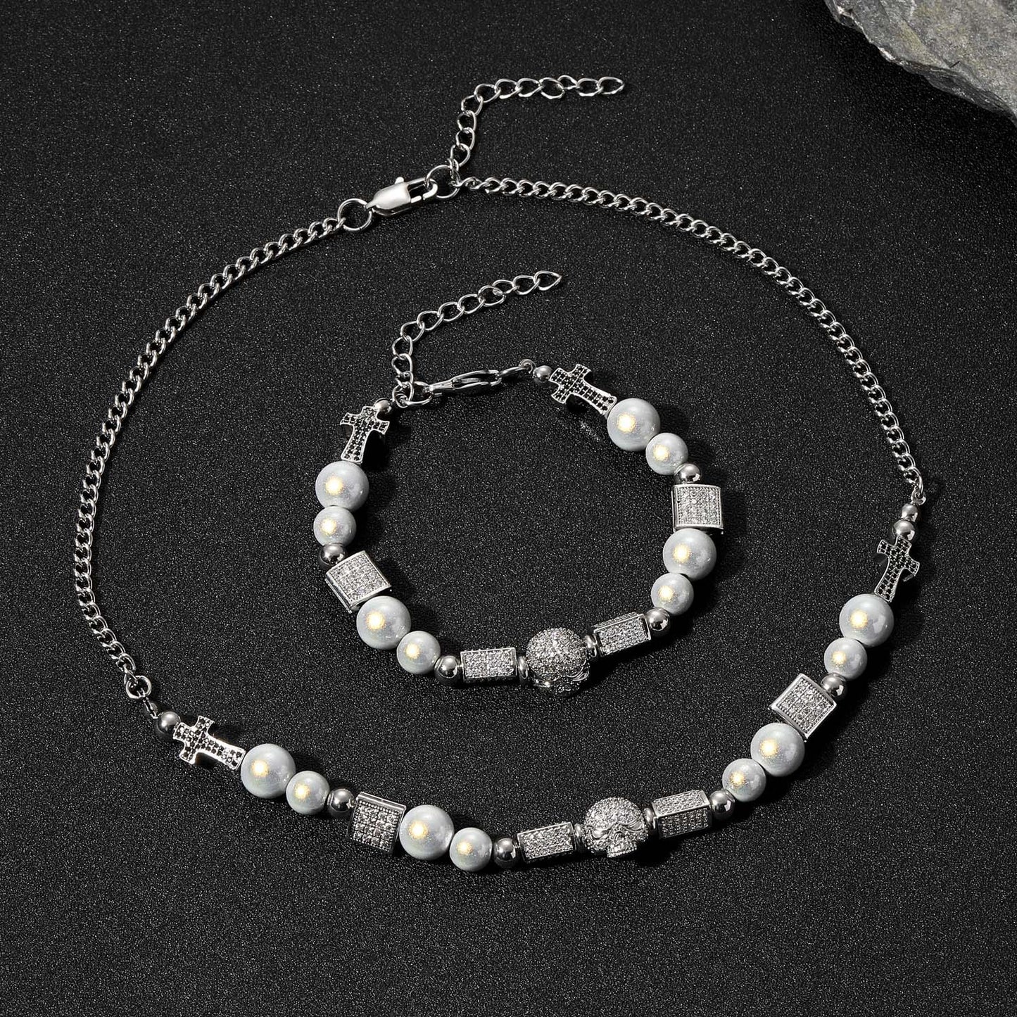 Hip Hop Vintage Cross Skull Pearl Bracelet for Men