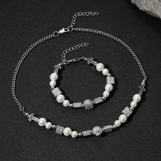 Hip Hop Vintage Cross Skull Pearl Bracelet for Men