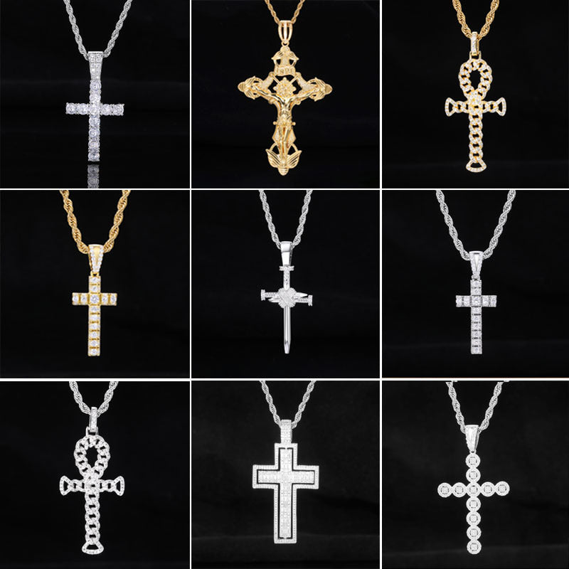 Iced Out Cross Pendant Necklace for Men and Women – Vintage Punk Hip Hop Chain in Gold or Silver Tone product image