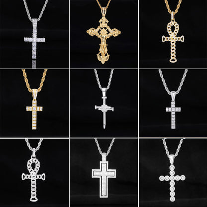Iced Out Cross Pendant Necklace for Men and Women – Vintage Punk Hip Hop Chain in Gold or Silver Tone