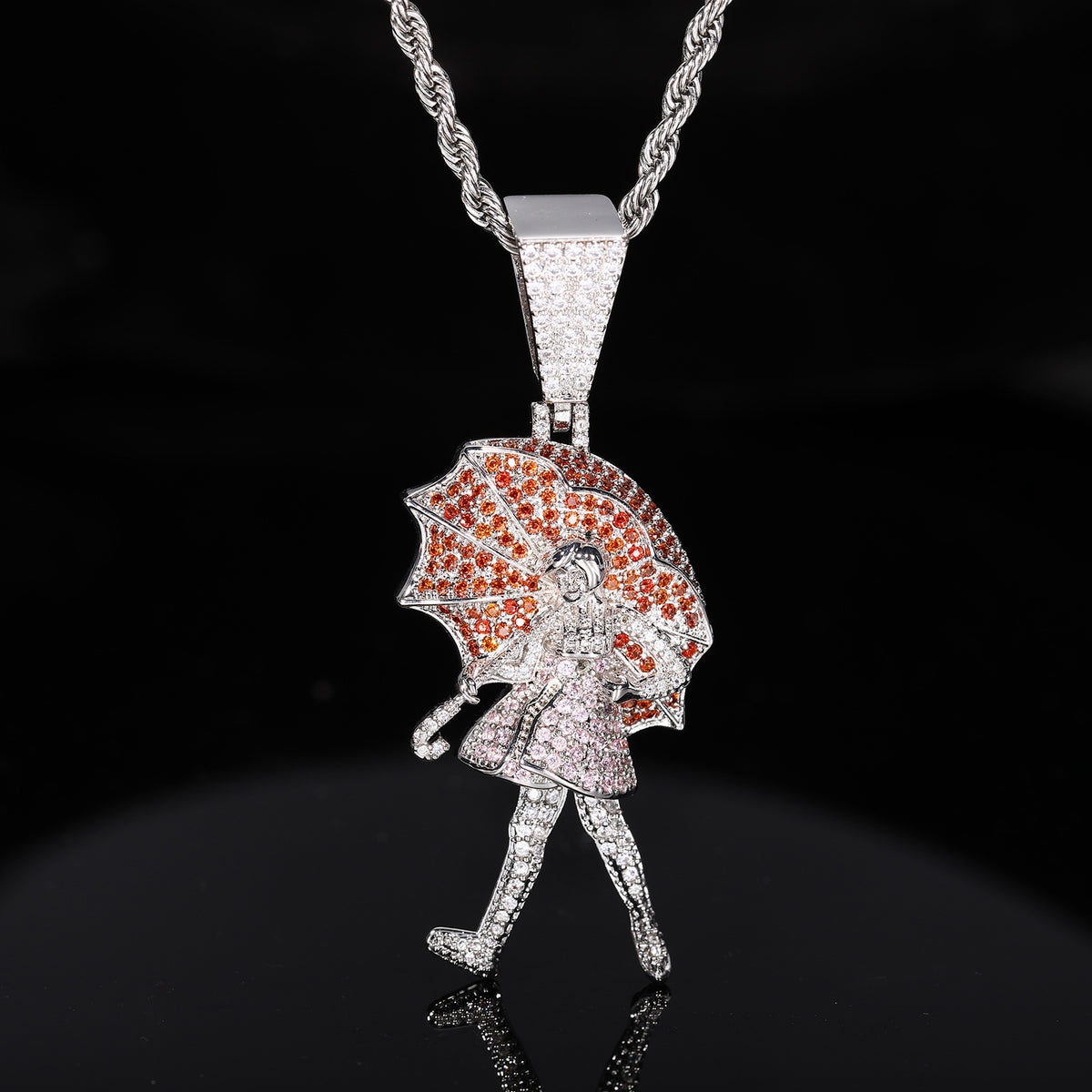 Iced Out Cartoon Girl Umbrella Pendant Necklace for Men and Women - Copper Cubic Zirconia Hip Hop Rope Chain product image