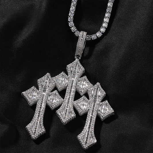 Iced Out Cross Pendant Necklace with Cubic Zirconia Twist Chain - Hip Hop Statement Necklace for Women & Men