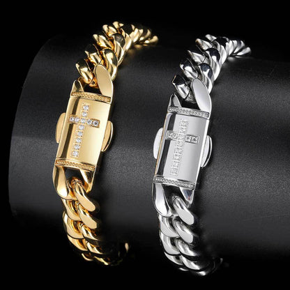 12 mm Polished Cuban with Cross CZ Clasp Stainless steel Bracelet - CHA192