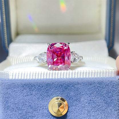 Pink 5 Carat Cushion Cut Moissanite Three-Stone Ring for Women