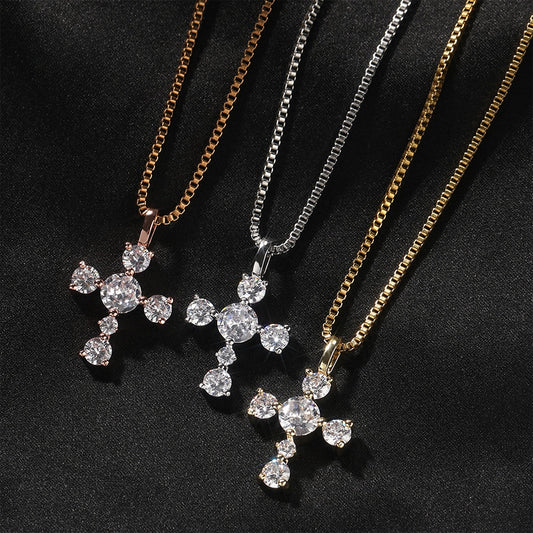 Sterling Silver Cross Pendant Necklace for Women - Gold Plated or Silver Tone CZ Statement Chain Necklace