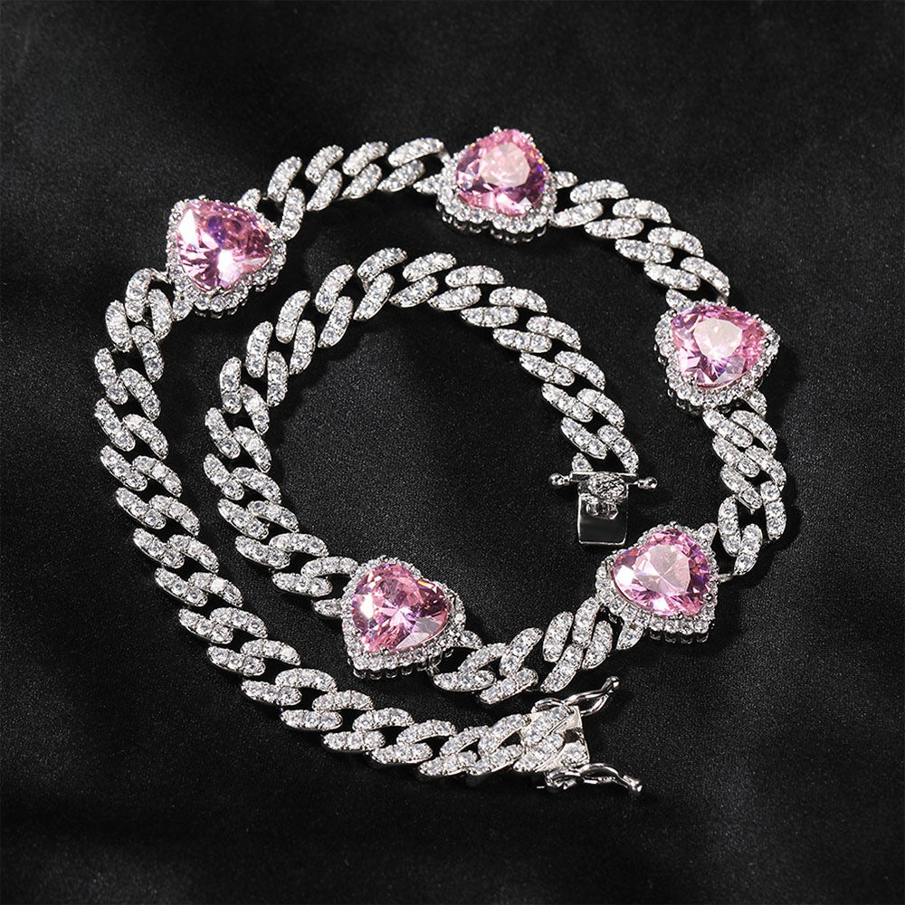 Iced Heart Cuban Link Necklace Bracelet with Pink Cubic Zirconia Pendant for Women & Men