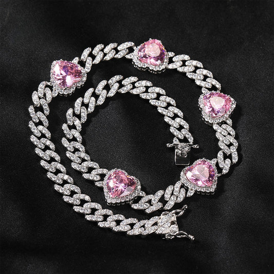 Iced Heart Cuban Link Necklace Bracelet with Pink Cubic Zirconia Pendant for Women & Men