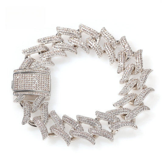 Unisex Thorn Cuban Link Bracelet with Cubic Zirconia - Statement Hip Hop Chain Bracelet in Gold or Silver Tone, 8 Inch