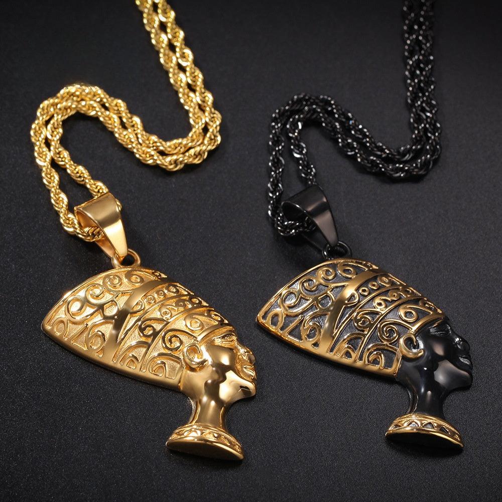 Unisex Stainless Steel Egyptian Queen Pendant Necklace with Gold Twisted Chain