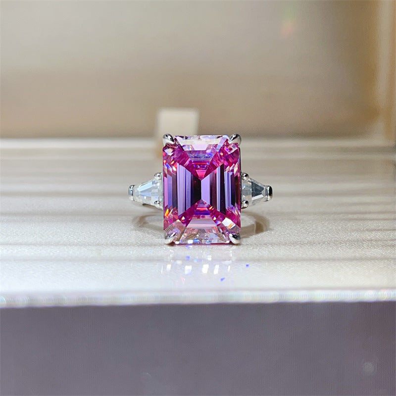 Pink Moissanite Ring for Women, Geometric Rectangle Engagement Ring with Side Stones product image