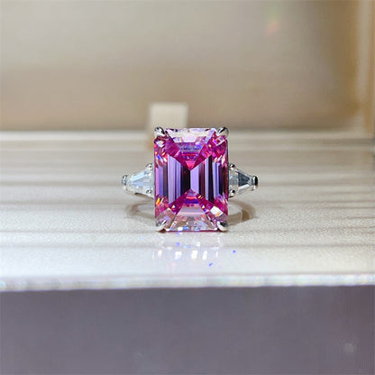 Pink Moissanite Ring for Women, Geometric Rectangle Engagement Ring with Side Stones
