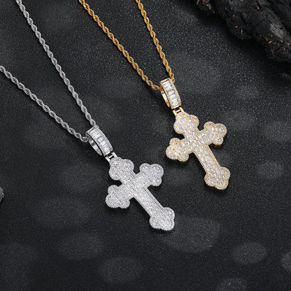 Iced Cross Pendant Rope Chain Necklace for Men, Hip Hop Pendant, Copper, Gold Tone or Silver Tone