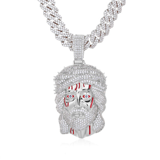 Iced Face Pendant Necklace, Hip Hop Cartoon Chain, White or Gold Tone