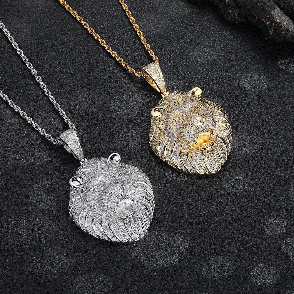 Lion Head Pendant Necklace, Micro-Set Zircon Rope Chain Hip Hop Jewelry