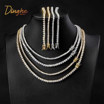 Unisex 3-Prong Tennis Chain Necklace & Bracelet, Iced Zirconia Geometric Chain Jewelry, 3mm/4mm