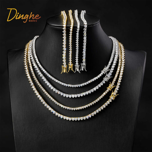 Unisex 3-Prong Tennis Chain Necklace & Bracelet, Iced Zirconia Geometric Chain Jewelry, 3mm/4mm