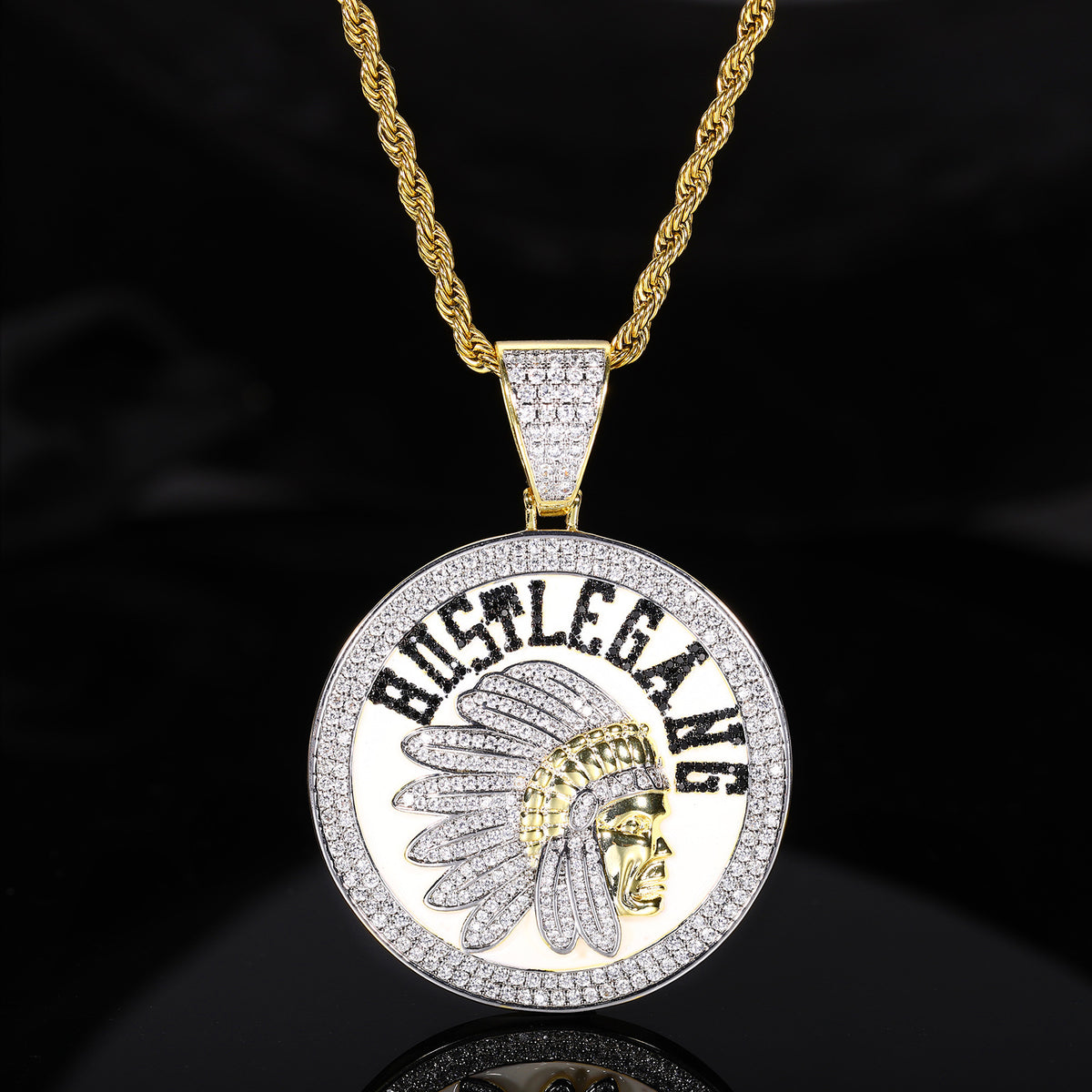 Iced Out Round Chief Pendant Necklace with Rope Chain product image