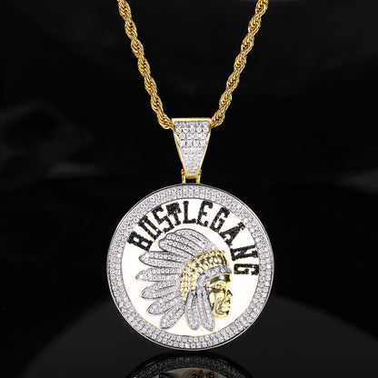 Iced Out Round Chief Pendant Necklace with Rope Chain
