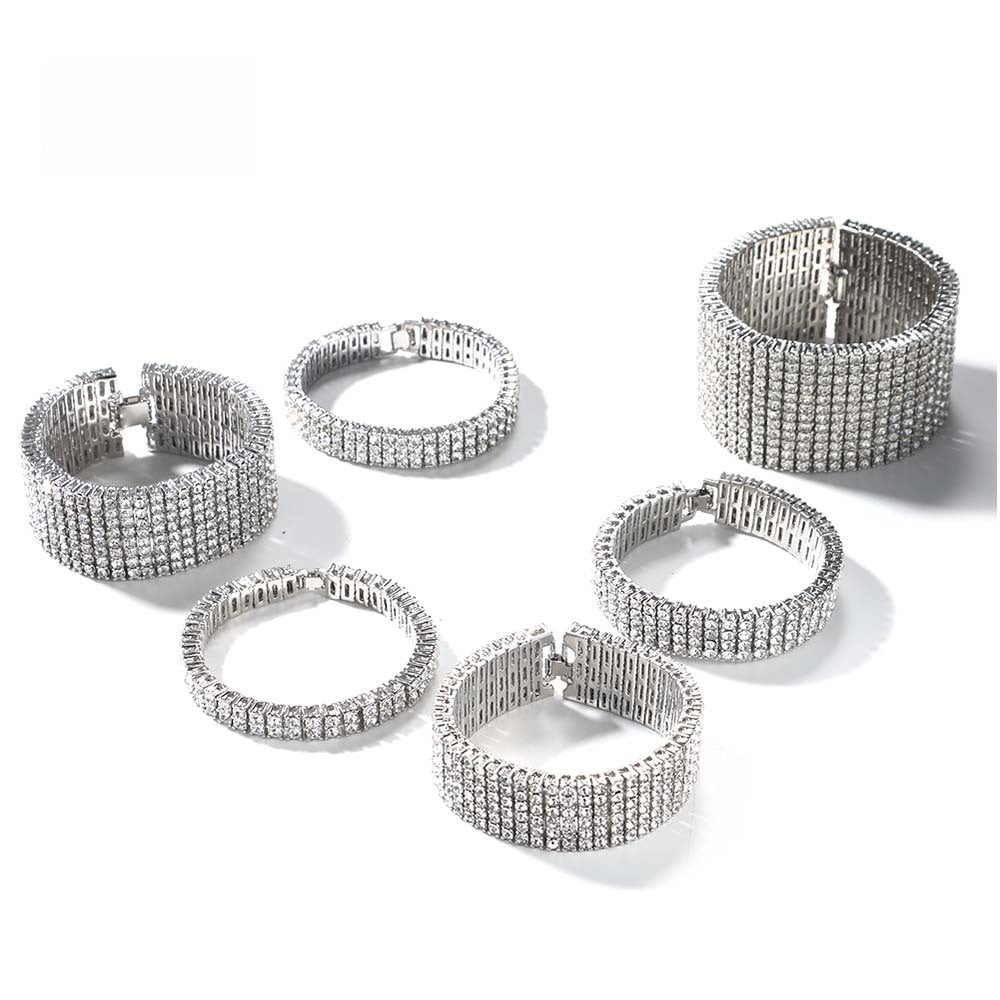 Iced Out Multi-Row Cubic Zirconia Bracelet for Women & Men - Gold, Silver, Black 8 Inch Statement Chain Bracelet
