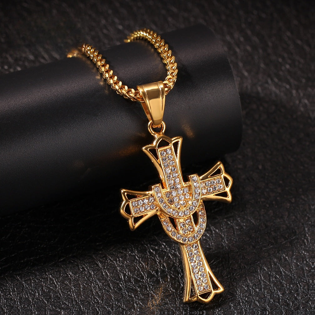 Stainless Steel Cross Pendant Necklace for Women - Gold or Silver Plated Crystal Statement Chain Necklace
