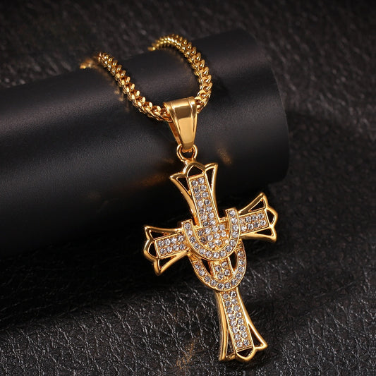 Stainless Steel Cross Pendant Necklace for Women - Gold or Silver Plated Crystal Statement Chain Necklace
