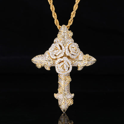 Cross Pendant Necklace with Rope Chain, Zircon Hip Hop Pendant Jewelry, Floral Geometric Statement Necklace