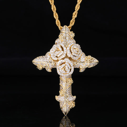 Cross Pendant Necklace with Rope Chain, Zircon Hip Hop Pendant Jewelry, Floral Geometric Statement Necklace product image