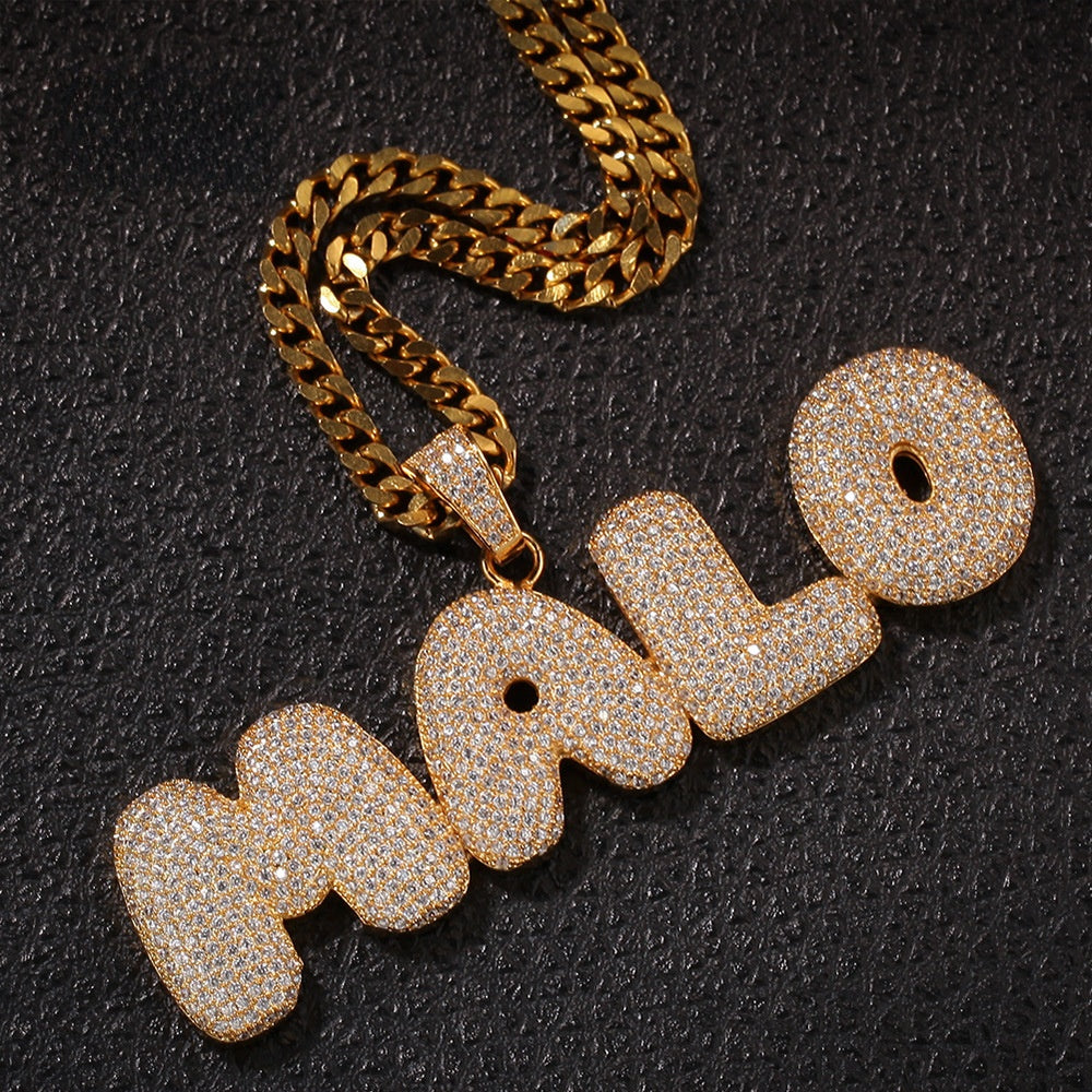Custom Bubble Letter Necklace with Cubic Zirconia Pendant – Gold or Silver Plated Hip Hop Chain for Women