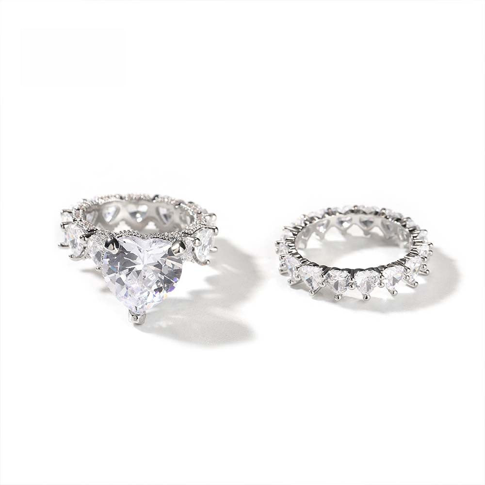 Silvery Zircon Heart Ring Set for Women – Hip Hop Style Copper Statement Stackable Rings