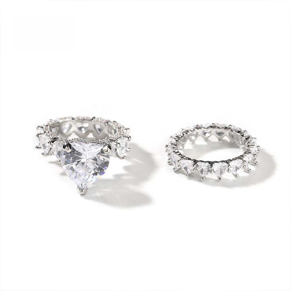 Silvery Zircon Heart Ring Set for Women – Hip Hop Style Copper Statement Stackable Rings
