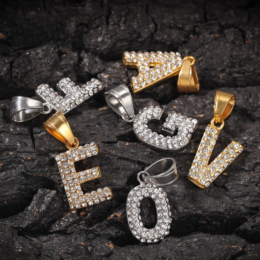 Iced Initial Letter Pendant Necklace for Men in Stainless Steel with Rhinestones, 24-Inch Twist Chain, Gold and Silver Tone A-Z